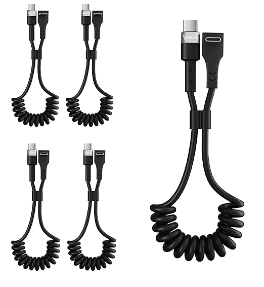 Coiled Car Carplay Cable 2FT 5 Pack for iPhone 15 16 17 Pro Max 15 16 Plus, 90 Degree USB C to Type C 60W Fast Charging Cord, Retractable Angled iPad Car Charger iPad Pro iPad Air Mini 6 Replacement