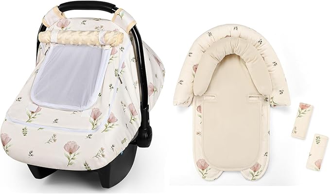 SWESEN Baby Car Seat Cover/Insert, Summer Carseat Covers Baby Girl, Easy Access carseat Canopy Snug Fit Baby Stroller, Dual-Layer Protection, Cooling Mesh & Roll-Up Sun Shade, Floral