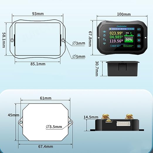 Aramox Battery Monitor with Shunt Coulometer Wi Fi, Voltage Monitor Current Tester for Capacity Indicator 10-100V 0-50A, Global Remote Monitoring, Wide Battery Compatibility