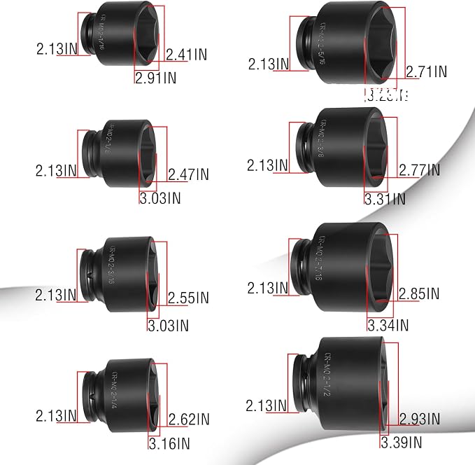 8PCS 3/4" Drive Spindle Axle Nut Impact Large Socket Set, 2-1/16" to 2-1/2", CR-MO Steel, 6-Point