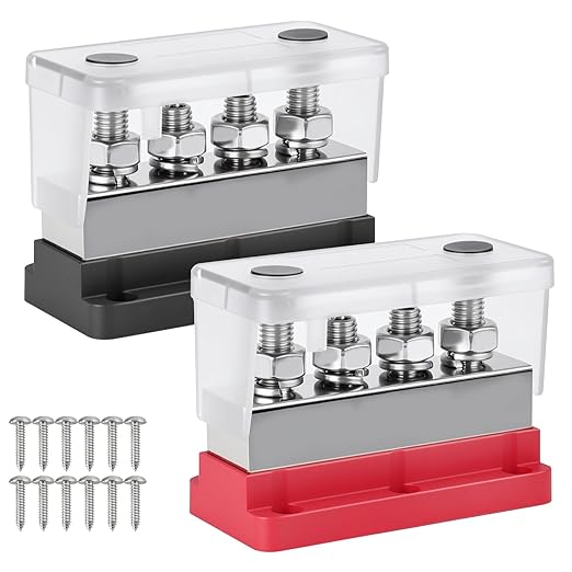 2Pcs 600A Bus Bar Power Distribution Block 12-48V Terminal Block 4x3/8(M10) Studs Marine Battery Bus Bar with Waterproof Cover Quick Mount for Automotive Car Boat Solar System (Red & Black)