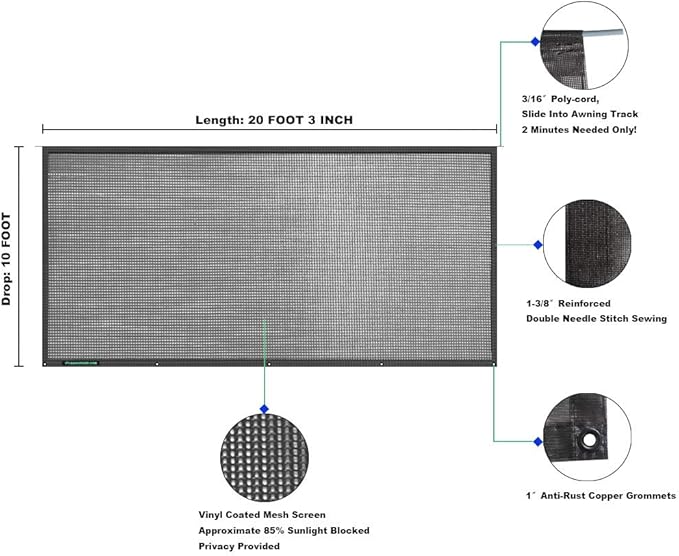 Leaveshade RV Awning Sun Shade Screen 10' X 20' 3'' (Fit for 21' Awning) Mesh Sunshade for RV Awning Sunscreen Block Front Glare Motorhome Camping Trailer Awning Shadescreen - 3 Year Warranty (Black)