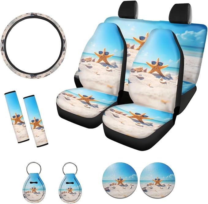 Suobstales Beach Starfish Seashell Conch Print Car Seat Covers Full Set for Women Girly Seat Cover Protector Auto Decorative with Steering Wheel Cover + Seat Belt Covers + Coasters + Keychains