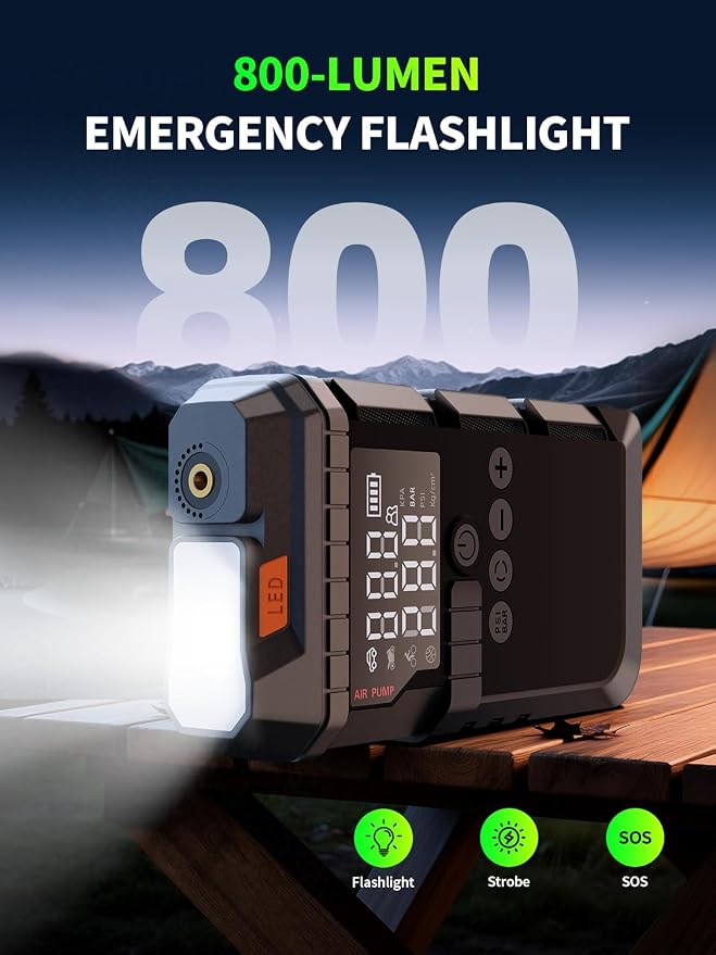 Portable Car Battery Jump Starter with Air Compressor, 6000A Car Battery Booster (All Gas/12L Diesel) with 45W Fast Charge, 160PSI Auto-Shut Off Tire Inflator,LED Light, Jumper Cables,Golves