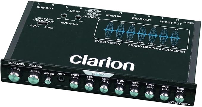 Clarion EQS755V 7-Band Car Audio 1/2-DIN Size Car Graphic Equalizer/Crossover with Front 3.5mm Auxiliary Input, Rear RCA Auxiliary Input and High Level Speaker Inputs