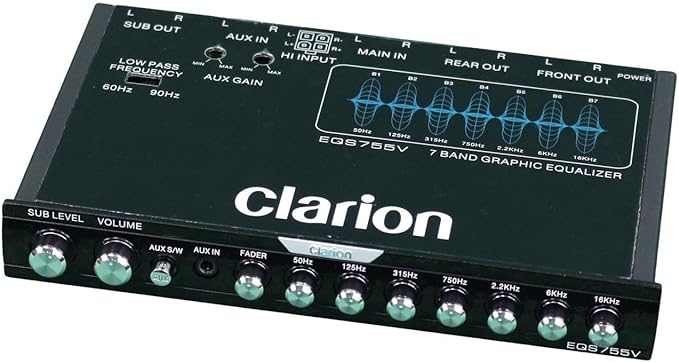 Clarion EQS755V 7-Band Car Audio 1/2-DIN Size Car Graphic Equalizer/Crossover with Front 3.5mm Auxiliary Input, Rear RCA Auxiliary Input and High Level Speaker Inputs