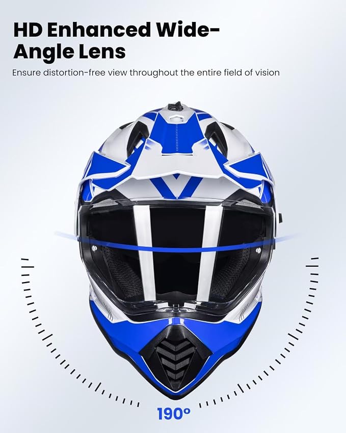 ILM Dual Sport Adventure Motorcycle Helmet with Pinlock Compatible Sun Visor Snowmobile ATV Dirt Bike Off Road Casco Model WS902 (Blue White, 2XL)