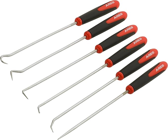 ARES 10035 – Extra Long Precision Hook and Pick Set - 6-Piece Set Includes Angled, Straight, and Full Hooks and Picks - Hardened Steel Shafts - Easily Remove Hoses, O-Rings, and Gaskets