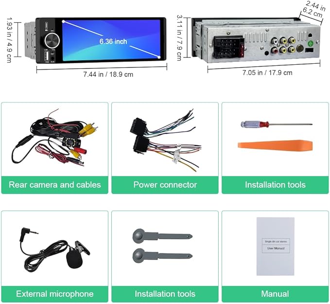 6.36 inch Single Din Car Stereo with CarPlay&Android Auto HD IPS Touchscreen Radio with Bluetooth 5.0, 720P BackupCamera with 6M Cable, Support USB Type-C Charging/USB/Microphone/FM/EQ/GPS/SWC