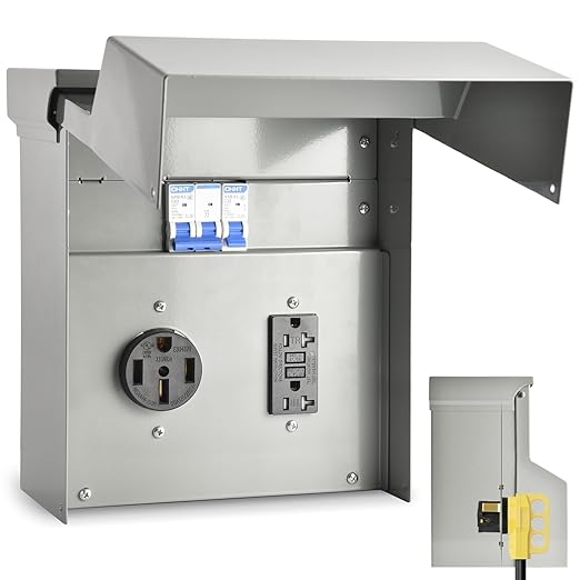 50/20 Amp RV Outlet Box with Breaker, Weatherproof Outdoor Temporary RV Electrical Panel for RV Camper Car Travel Motorhome Construction Site
