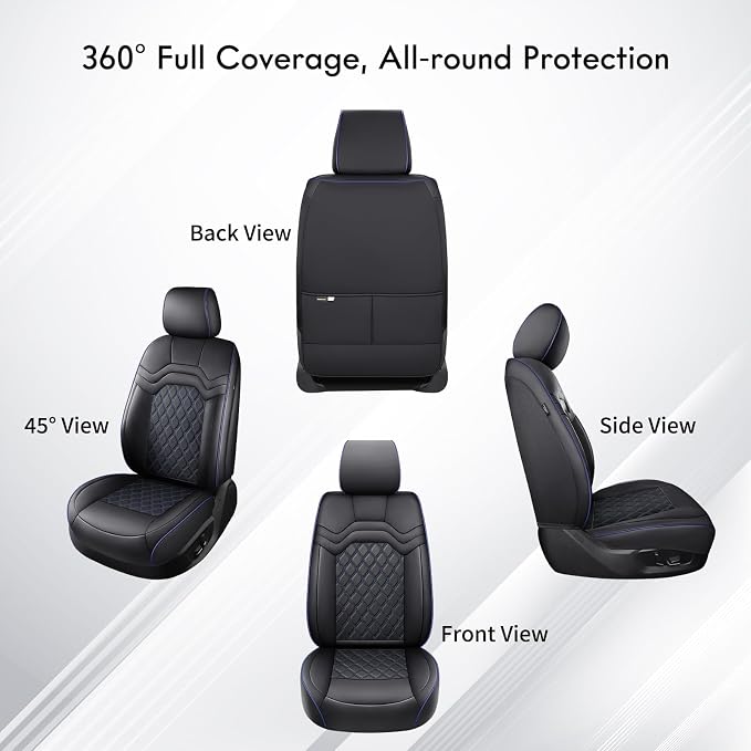 Huidasource Front Car Seat Covers Fit for Ford F150 2015-2026, F250 F350 F450 2017-2026 All Cab, Waterproof Full Coverage Leather Automotive Interior Pickup Truck Seat Cover, Black&Blue