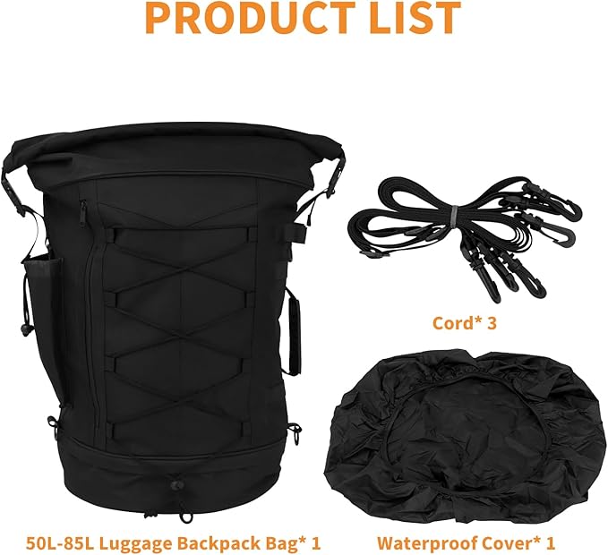 Motorcycle Sissy Bar Backrest Bag Travel Luggage Bag Large Capacity Duffle Bag Expandable 50L-80L Gear Tail Bag with Rain Cover&Shoulder Strap Universal Fit For Harley Yamaha Suzuki