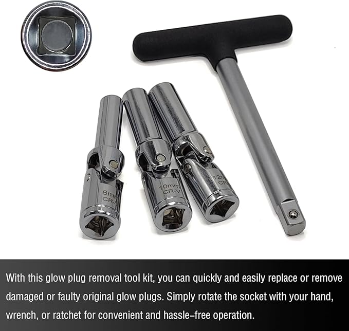 4PCS Glow Plug Socket Set with 3/8" Dr T-Bar, Universal Joints(8mm, 10mm, 12mm), Broken Glow Plug Removal Tool, Glow Plug Wrench Extractor Kit