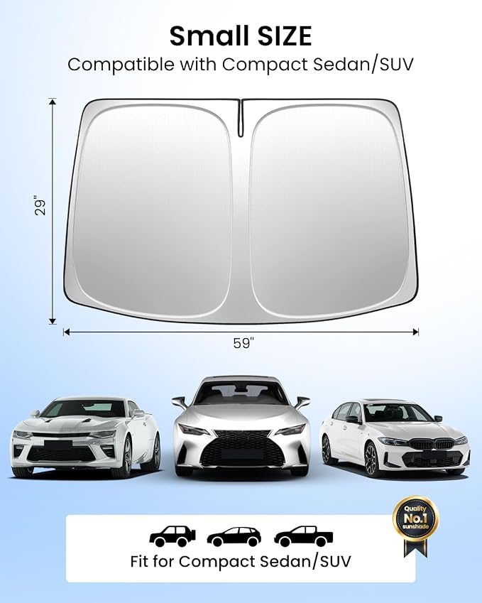 REEVAA 2026 3rd Pro Windshield Sunshade for Compact Sedan/SUV | S (59 × 29 Inches)| Dual-Layer Heat & Sun Defense, OEM Design | Foldable Sun Shade Car Accessories with Storage Bag
