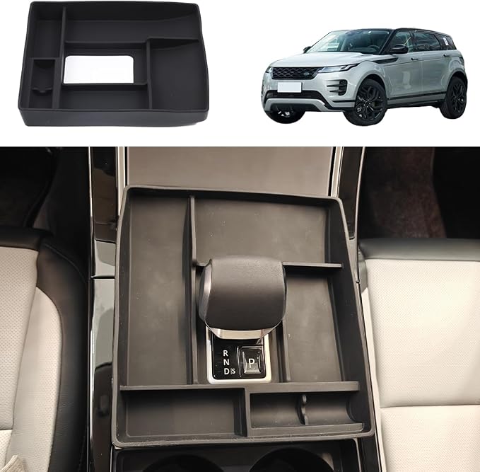 Black Rubber Car Center Console Gear Shift Storage Box Compatible with Land Rover Range Rover Evoque L551 2024-2025 Central Storage Box Phone Box,Gear Shift Organizer Tray Car Accessories