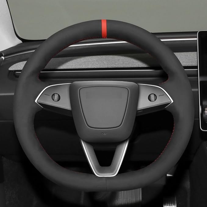 MEWANT Hand Stitch Black Suede Steering Wheel Cover Wrap for Tesla Model 3 Highland 2023-2025 Tesla Model Y Juniper 2025