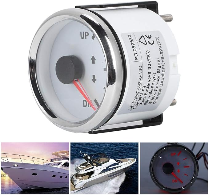 Boat Marine Trim Gauge 52mm/2in UP-DN Boat Gauges Set 0-190ohm Trim Tilt Indicator Red Backlight (White Dial Silver Frame)