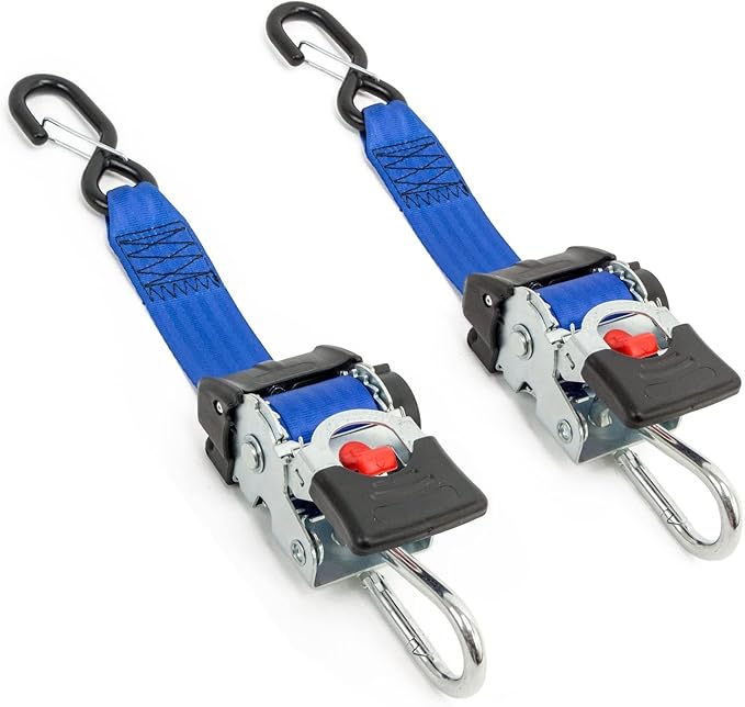 PowerTye - 2 inch x 6ft Long Retractable Ratchet Tie Down Strap with Carabiner and Latch-Hook - Self-Retracting Ratchet, 800 lb W.L.L., Ideal for Motorcycle, ATV, Cargo, Boats, Blue (Pair)