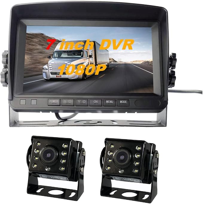 AHD 1080P Backup Camera 7" DVR Monitor System,2 x 4 Pin Reverse Rear View Mirror Camera 8 IR Night Vision + 7 inch 2CH Split IPS Screen 12V-24V for RV Bus Camper Trailer Semi Truck