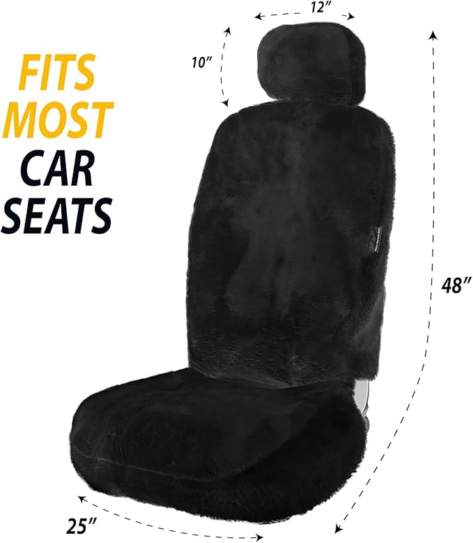 ZONETECH Sheepskin Seat Covers Fuzzy Car Seat Covers Black Australian Merino Wool Fluffy Fur Auto Accessories All Season Protection for Your Seats Universal Fits Most Car SUV Airbag Compatible