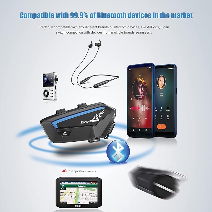 FreedConn FX 10 Riders Motorcycle Bluetooth Headset with Music Sharing, Helmet Bluetooth Intercom with Noise Cancellation/FM Radio/IP67/Ultra-Thin Body, Universal Communication Systems for Motorbike