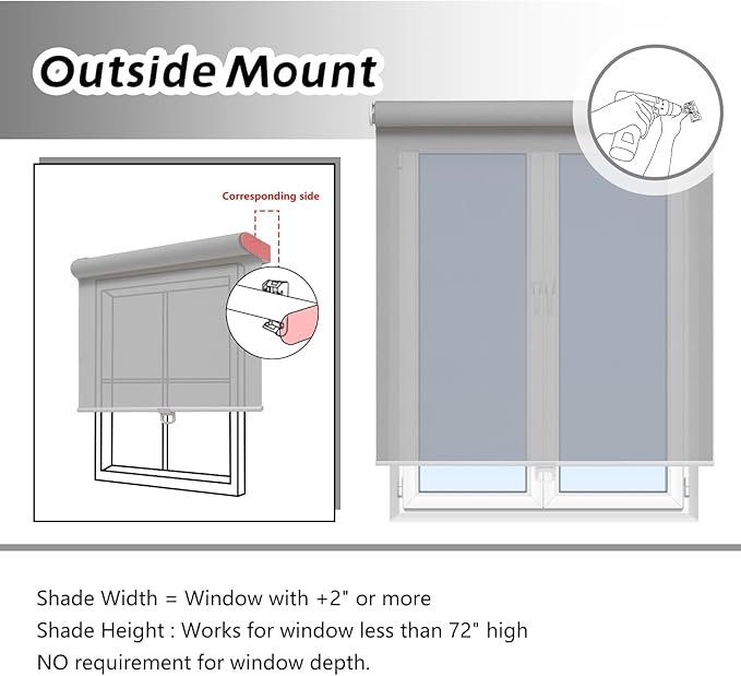 Cordless Roller Shades for Windows Light Filtering Shades with 5% Openness Solar Screen Semi Sheer Roller Blinds UV Protection for Office and Home. Easy to Install 59" W x 72" H (Grey)