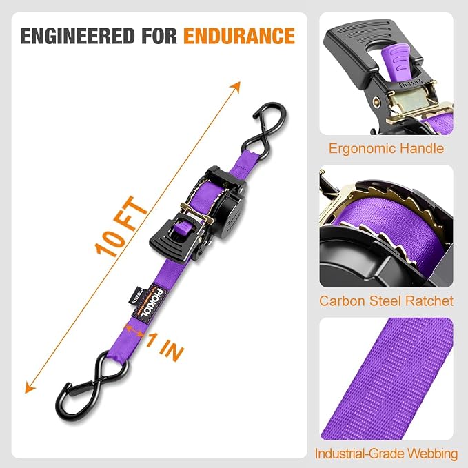 Retractable Ratchet Straps (4-Pack) - 1 Inch x 10 Feet (1,764lb Break Strength) - Heavy Duty Auto Self Retracting Tie Down Straps for Truck, Cargo Trailer, Motorcycle, ATV, UTV – Purple