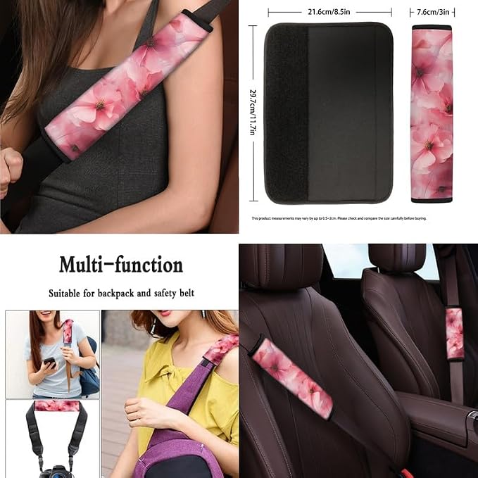 Peach Blossom Pink Flower 13 Pieces Seat Covers Accessories Floral Hand Drawing Steering Wheel Cover Seat Cover Full Set Seat Belt Shoulder Pad Car Cover for Truck SUV