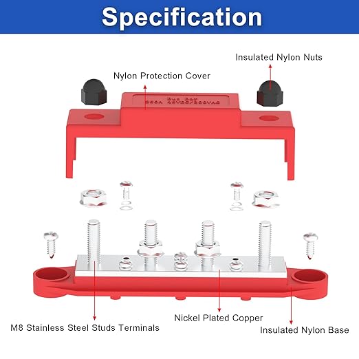 Upgraded Bus Bar 250A 12V Power Distribution Block with 5/16" (M8) 4-Posts Terminals Block with Cover for Automotive, Marine, Battery System (Black & Red)