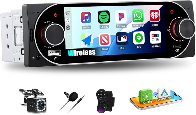 [Bluetooth 5.2 EQ] Single Din Car Radio Stereo with Wireless Carplay Android Auto, 5.1 inch IPS Touchscreen 1 Din Car Radio with Mirror Link USB & Type-C AUX FM Radio SWC Backup Cam SWC Voice Control
