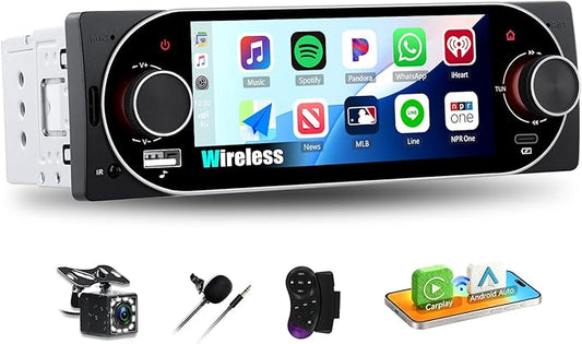 [Bluetooth 5.2 EQ] Single Din Car Radio Stereo with Wireless Carplay Android Auto, 5.1 inch IPS Touchscreen 1 Din Car Radio with Mirror Link USB & Type-C AUX FM Radio SWC Backup Cam SWC Voice Control