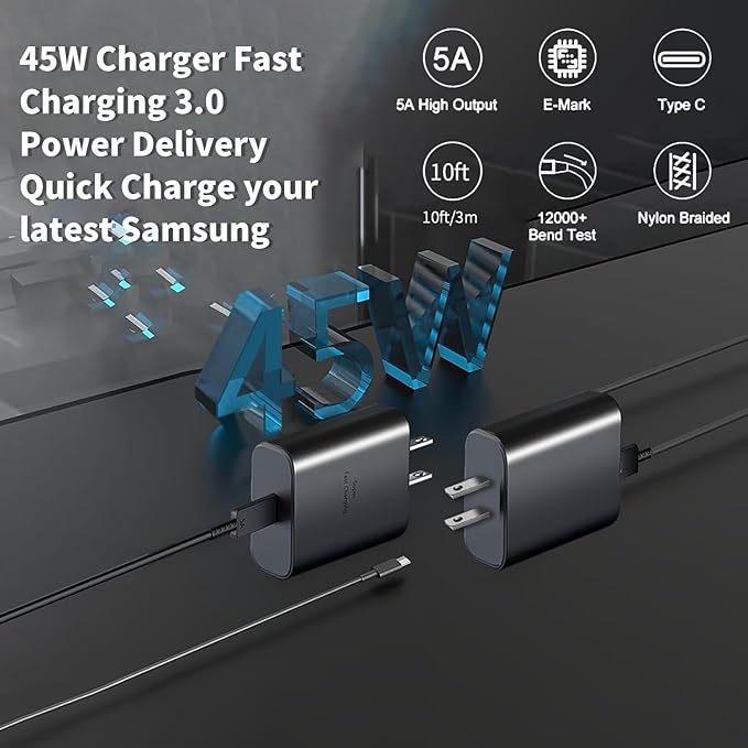 Z Flip Super Fast Charger Type C,45W USB C Wall Charger Fast Charging for Samsung Galaxy S26 Ultra/S24/S23/S25，Galaxy Z Flip7 /Flip 6/Flip5 Z Fold 7/6 & 10FT Long Type C Charging Cable 2Pack