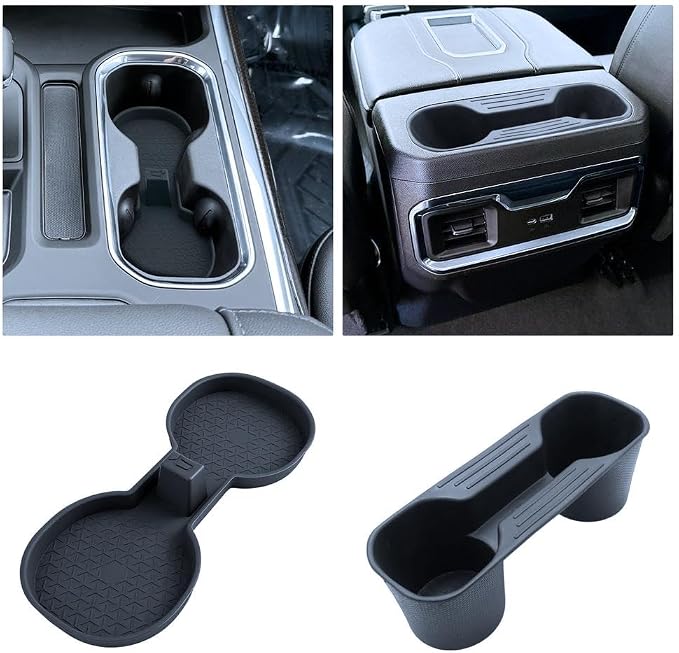 For 2PCS Center Console&Armrest Cup Holder Inserts Compatible with Refreshed Models 2022-2026 Chevy Silverado& GMC Sierra 1500 - Full Console w/Bucket Seats Only