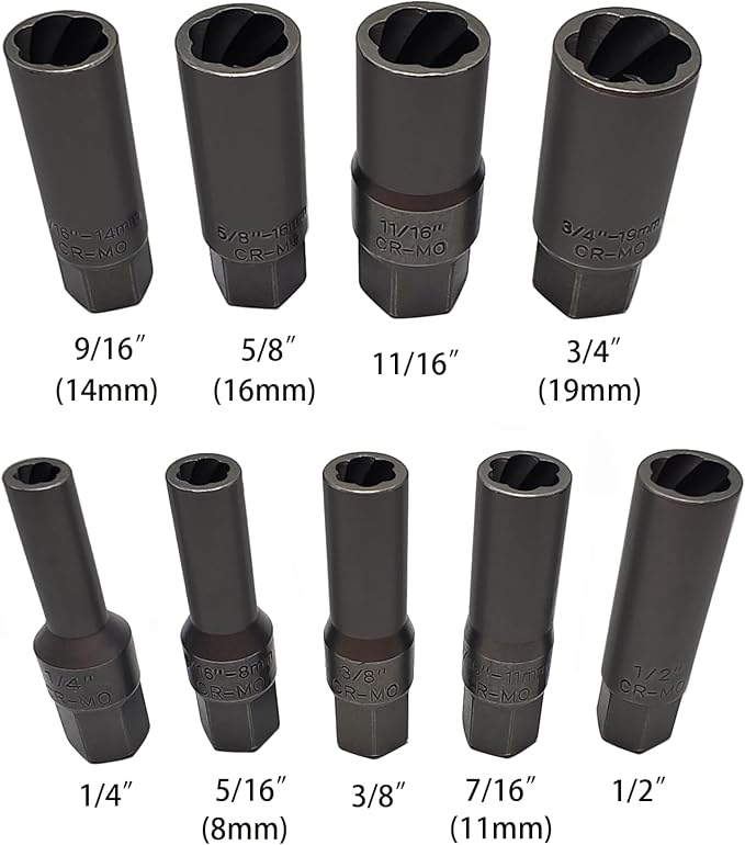 11PCS Spiral Type Deep Extractor Set, Stripped Bolt Remover Lug Nut Extractor Set, Spark Plug Easy-out Set, Lug Nut Removal Tool Set for Removing Deeply trapped and Broken Bolts, Studs.