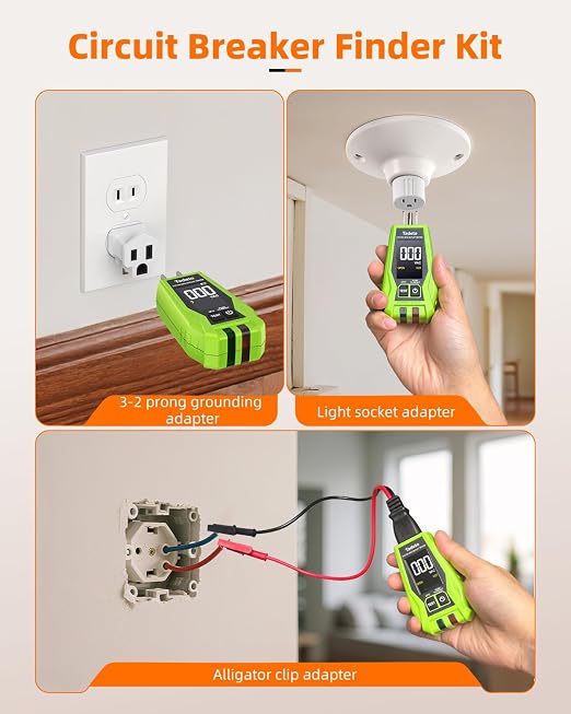 Tadeto Circuit Breaker Finder Tool with Outlet Tester, Quickly GFCI, Voltage, Electric Tester with Dual LCD Display, Light Socket and 3-2 Prong Grounding Adapter, Alligator Clip Adapter (Green)