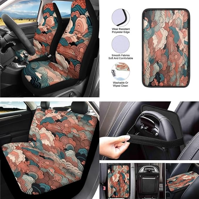 Chinese Cloud Pattern 13 Pcs Seat Covers Full Set Retro Clouds Sea Wave Print Non Slip and Soft Headrest Cover Car Cup Pad Fit for Car, Truck, Van, SUV