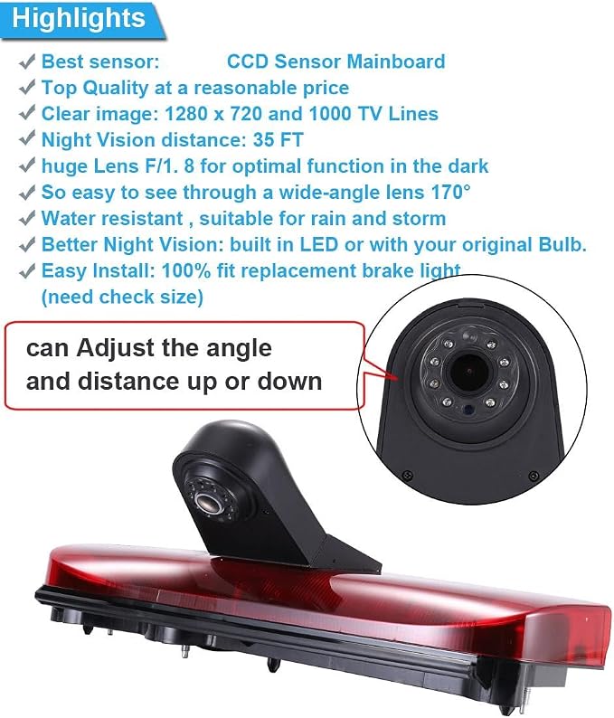 18mm HD Car Third Roof Top Mount Brake Light 3 Rear View Camera Parking Safety Assistant System, for Ford Transit Connect 2014-2017 Stop lamp Transporter Business MPV SUV Bus (with 7-inch Monitor)