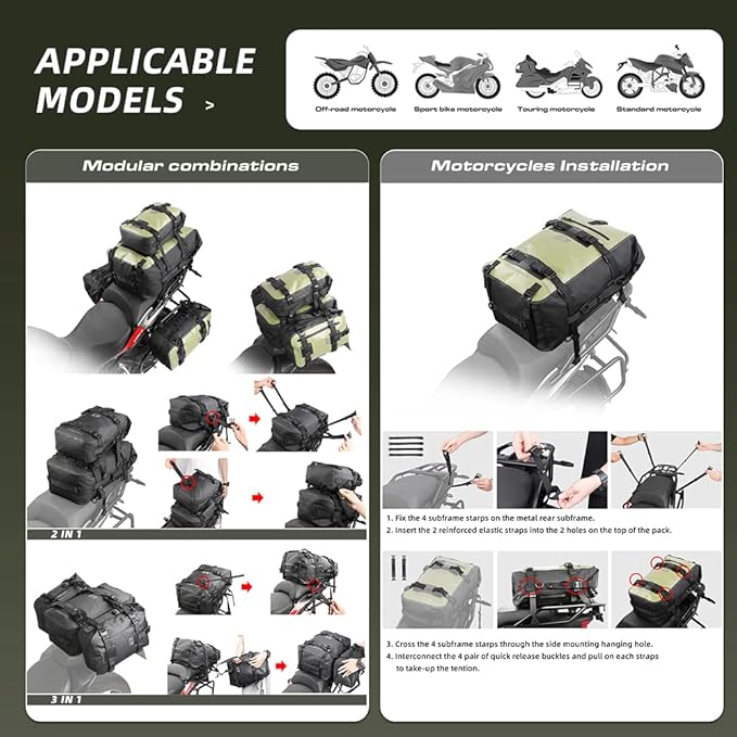 Rhinowalk Motorcycle Tail Bag Motorbike Side Bag 30L Full Waterproof Motor Saddle Pannier Bag Rear Rack Trunk Professional Motor Accessories-Green