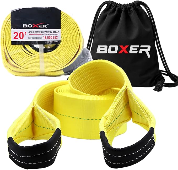 BoxerTool BXT Recovery Tow Straps 4" X 20' - Heavy Duty Reinforced Loops Emergency Off Road Towing Rope and Winch Extension - Box Truck - Commercial Vehicle - Off Road