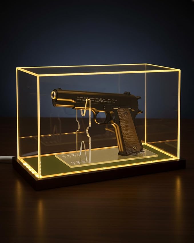 Premium Acrylic Pistol Display Case with Amber Yellow LED Light, Solid Wood Base & Built-in Stand | UV Resistant Pistol Display Box for Gun Collector, Fits Most Pistols - 12" x 5.3" x 7.5"
