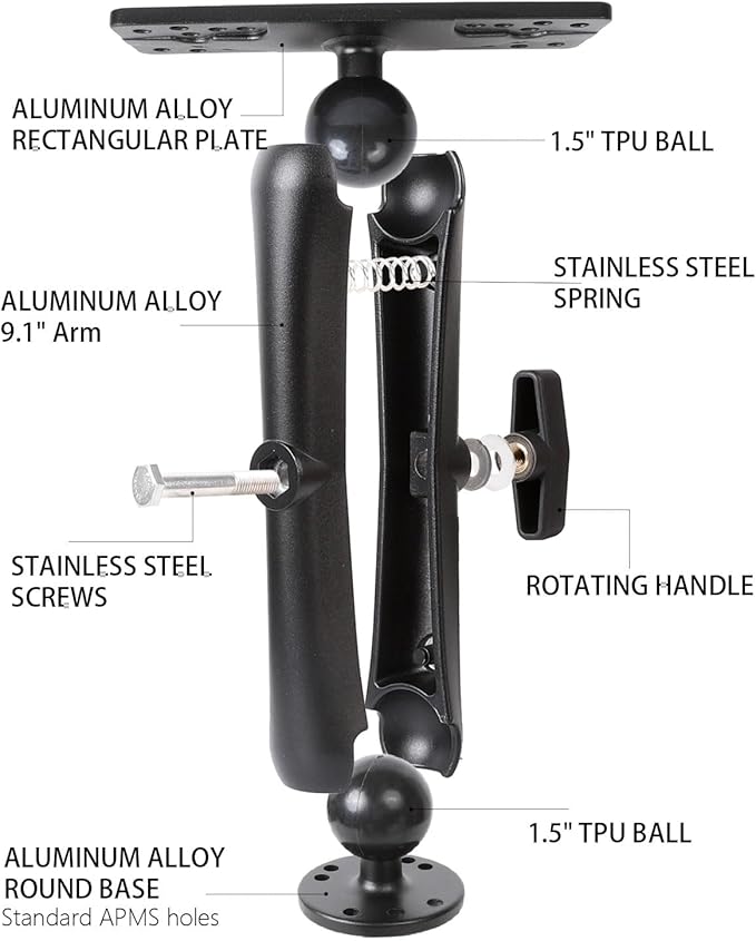 xik 1.5" Ball Long Arm Fish Finder Mount, Aluminum Alloy Marine Electronic Mount, Round Base with 1.5 inches / 38mm / C Size Ball Adapters, Compatible with Garmin, Lowrance, Humminbird and More