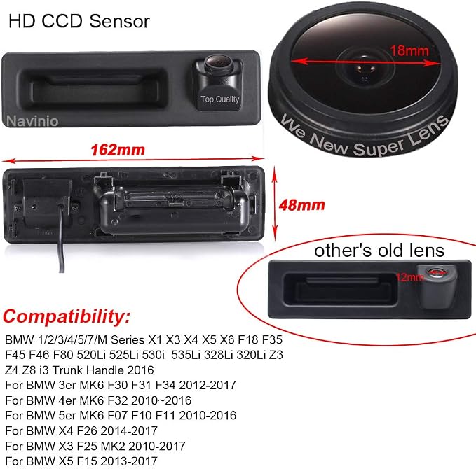 170 Degree Car Trunk Handle Backup Camera HD Rear View Reverse Camera Parking Assistance for BMW X1 X3 X4 X5 X6 F18 F35 F45 F46 F48 F80 520Li 525Li 530i 535Li 328Li 320Li(LS8006 no Switch)