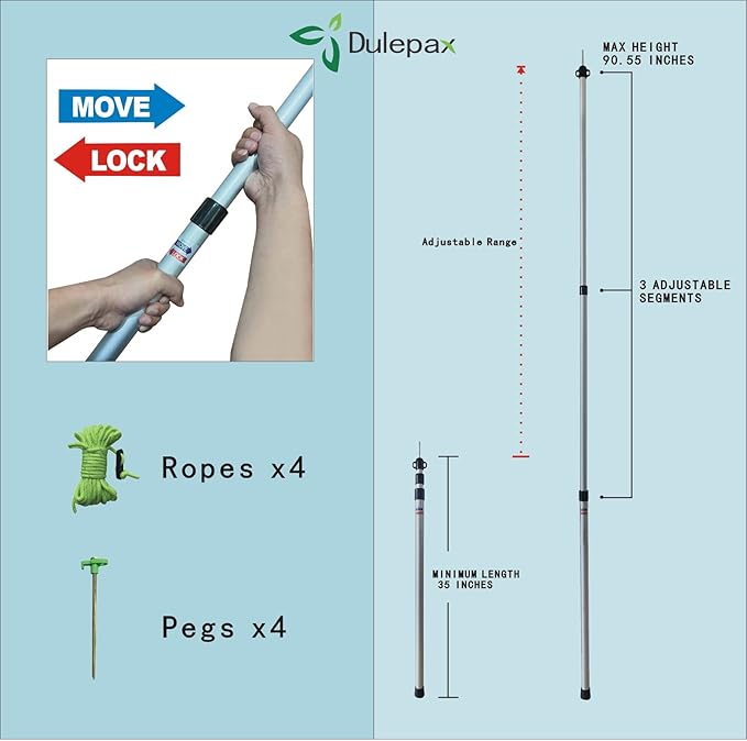 Dulepax RV Awning Sun Shade Poles. Set of Two, Adjustable Aluminum Rods for RV Awning Shade Screen.Expand The Rest Space or Park Vehicles.Comes with 4 Ground Nails,4 Wind Ropes.