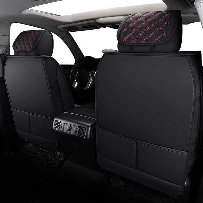 YIERTAI Trucks Seat Covers Compatible with 2008-2023 2024 2025 2026 Toyota Tundra SR5 Crewmax Double Cab Crew Extended Cab Pickup Waterproof Leather Seat Protectors(5 PCS Full Set/Black-Red)