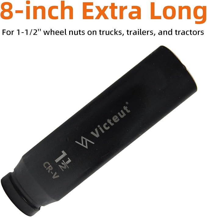 3/4-Inch Drive 1-1/2" Extra Deep Impact Socket, 8-Inch (200mm) Long, 6-Point Truck & Trailer & Tractor Wheel Nut Socket, Heat Treated Cr-V Alloy Steel, One-Piece Forged, No Torque Loss