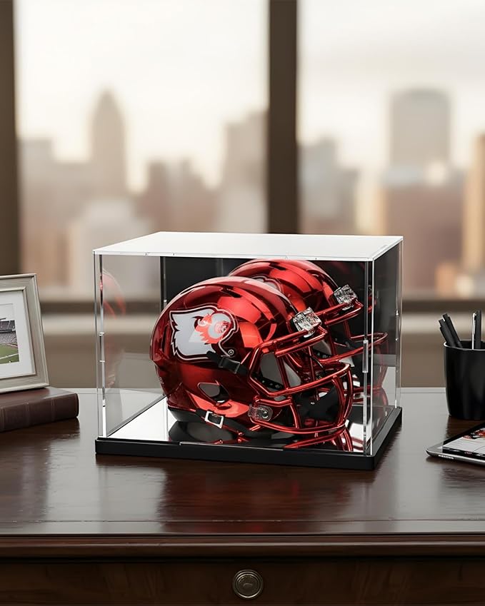 Mini Helmet Display Case with UV Protection & Mirror Back | Clear Acrylic Showcase for 1:2 Scale Football, Baseball & Sports Memorabilia | 7.9" x 5.9" x 5.9" Dustproof Box