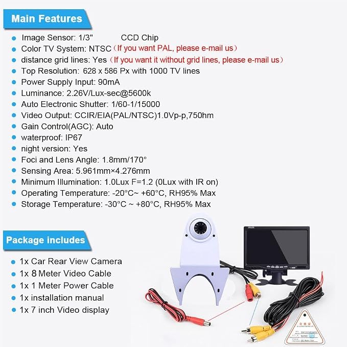 Universal Camera Car Top Mount Rear View Reverse Parking Camera,Replacement for Citroen Berlingo Jumper Jumpy Nemo Dacia Dokker Van Nissan Navara HD All RV Models (White Camera with 7 inch Monitor)