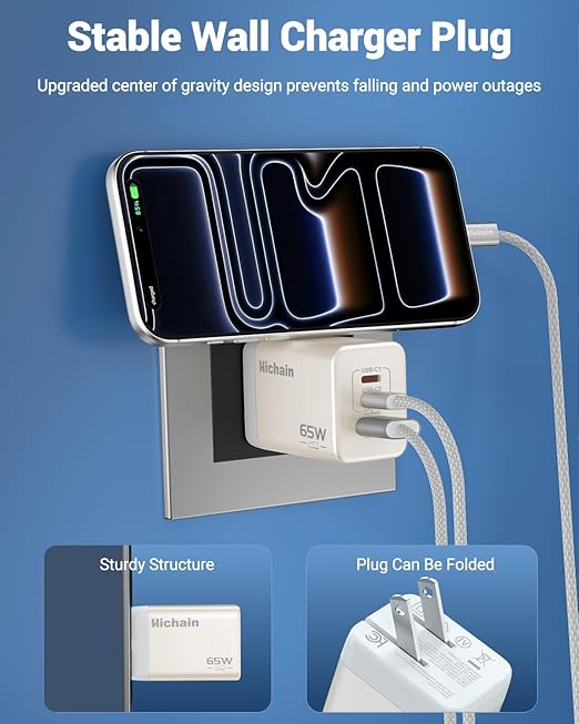 Hichain 60W USB C Cable USB Charger Block, 65 WWall Charger USB Cable, Durable Phone Charger Cord Data Transfer Cord for Phone 17/16, Tablet, Laptop, 4 FT White