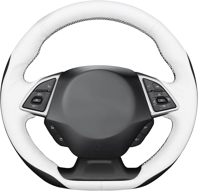 MEWANT Hand Stitch Steering Wheel Cover for Chevy Camaro 2016-2025 Custom Black White Microfiber Leather Interior DIY Wrap Restoration Kit Anti-Slip Breathable Protector