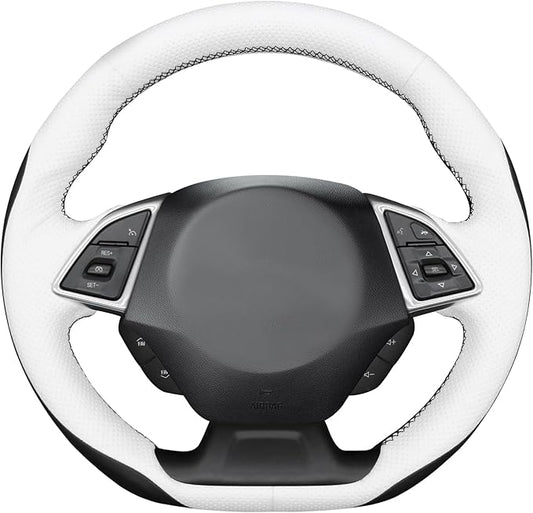 MEWANT Hand Stitch Steering Wheel Cover for Chevy Camaro 2016-2025 Custom Black White Microfiber Leather Interior DIY Wrap Restoration Kit Anti-Slip Breathable Protector